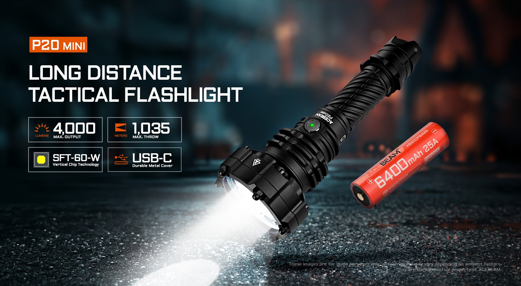 P20 Mini Long Distance Tactical Flashlight overview image highlighting 1035 meter beam distance