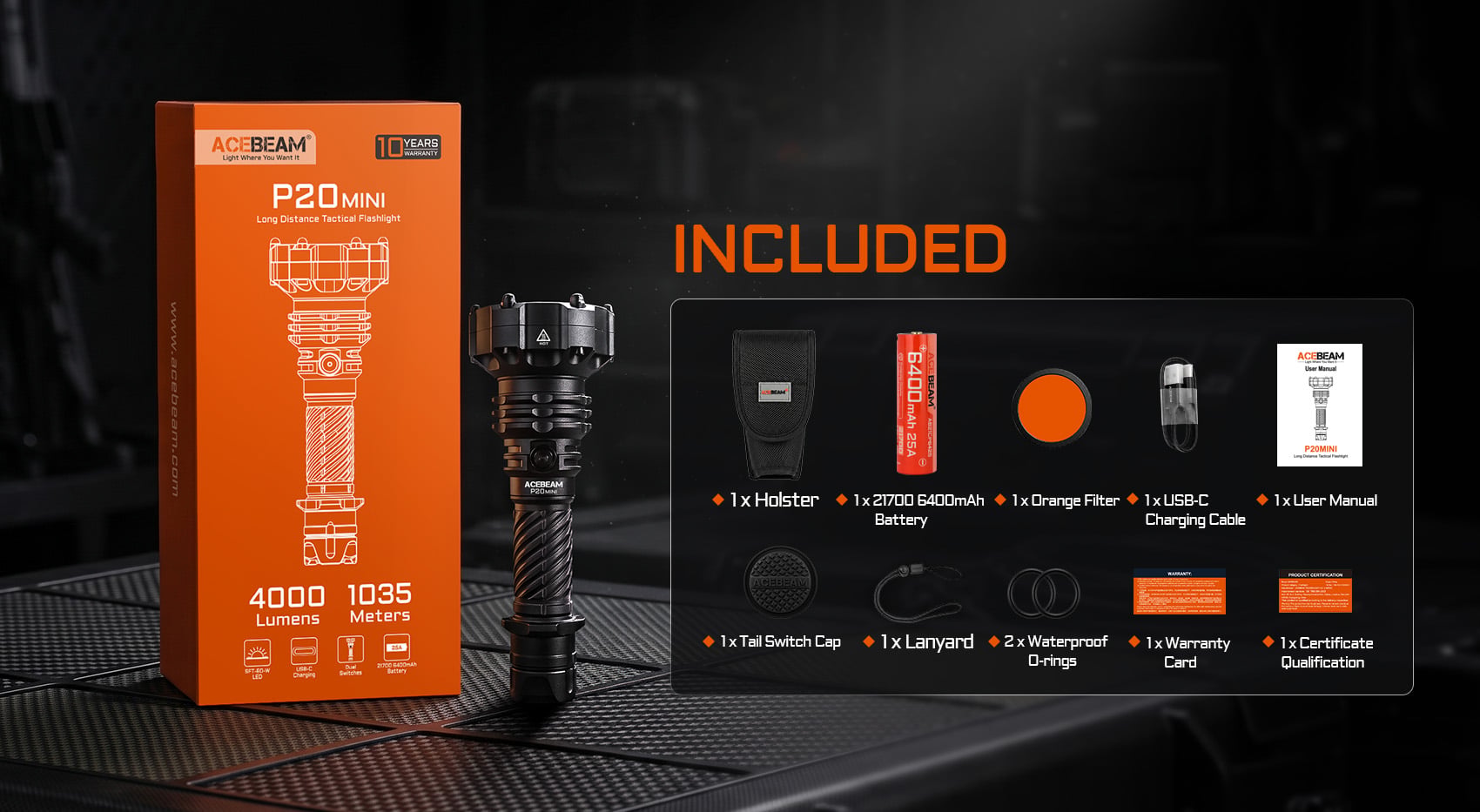 P20 Mini Long Distance Tactical Flashlight performance illustration highlighting USB-C rechargeable design