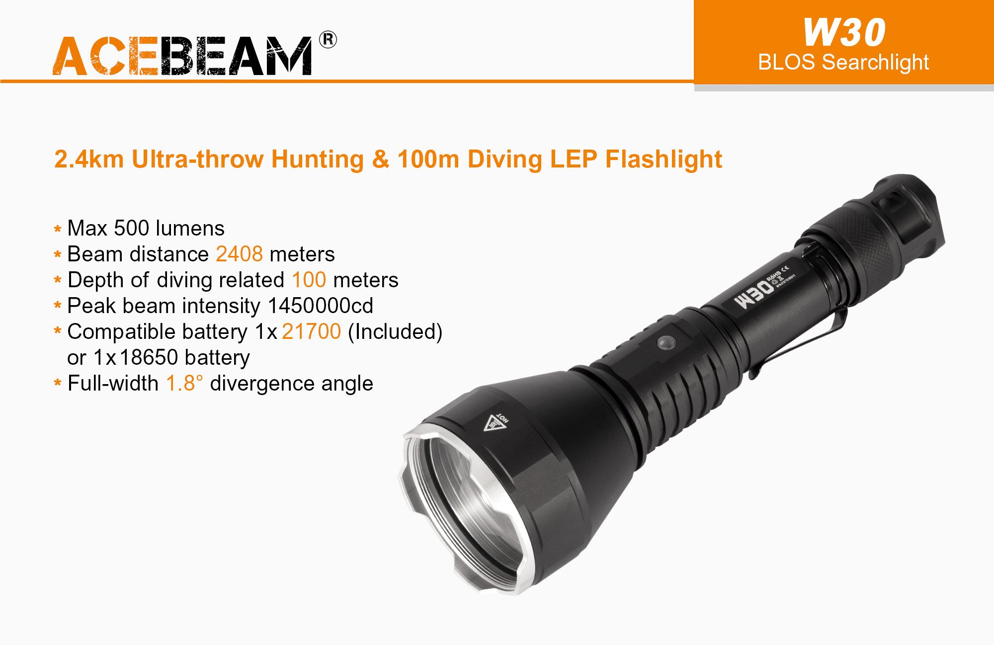 AceBeam W30 2.4km ultra-throw LEP torch 