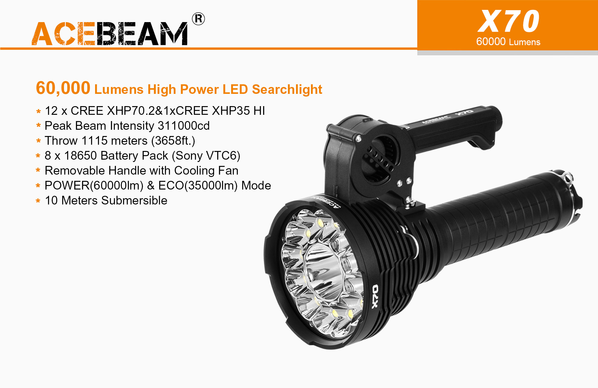 ACEBEAM X70 - Lampe Torche Rechargeable Surpuissante 60000 lumens