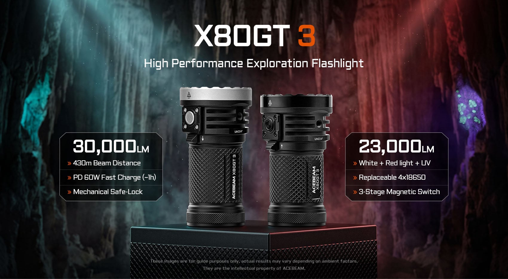 Acebeam X80GT 3 high performance exploration flashlight, 30000 lumens, high CRI side light, PD60W fast charge