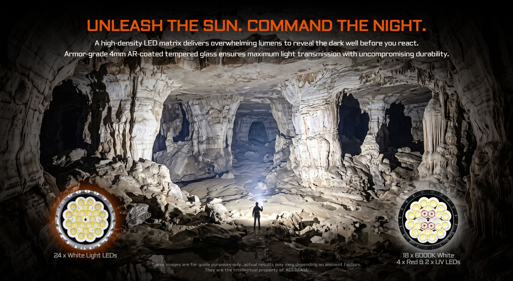 Acebeam X80GT 3 cave exploration floodlight effect, 24 white LEDs, 30000 lumens max brightness