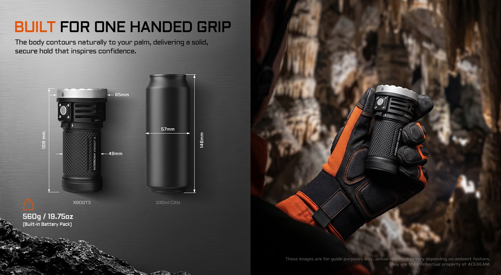 Acebeam X80GT 3 single-handed grip design and dimensions, compact body weighing 580g with built-in battery pack