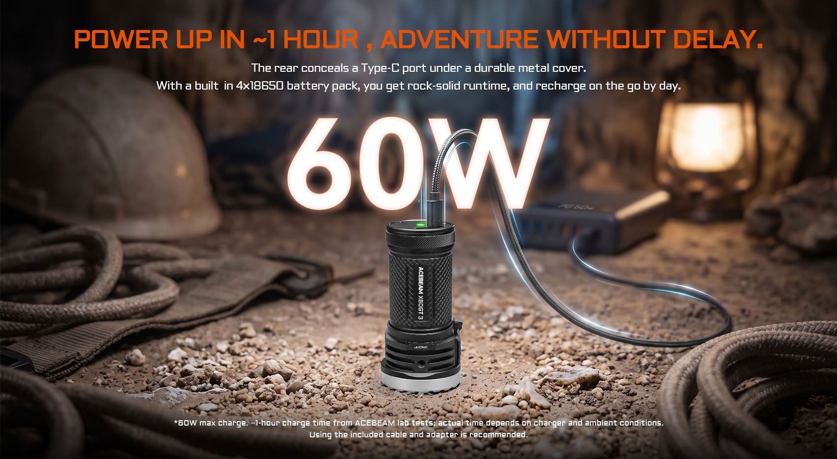 Acebeam X80GT 3 60W Type-C fast charging port, durable metal cover, built-in 4x18650 battery pack