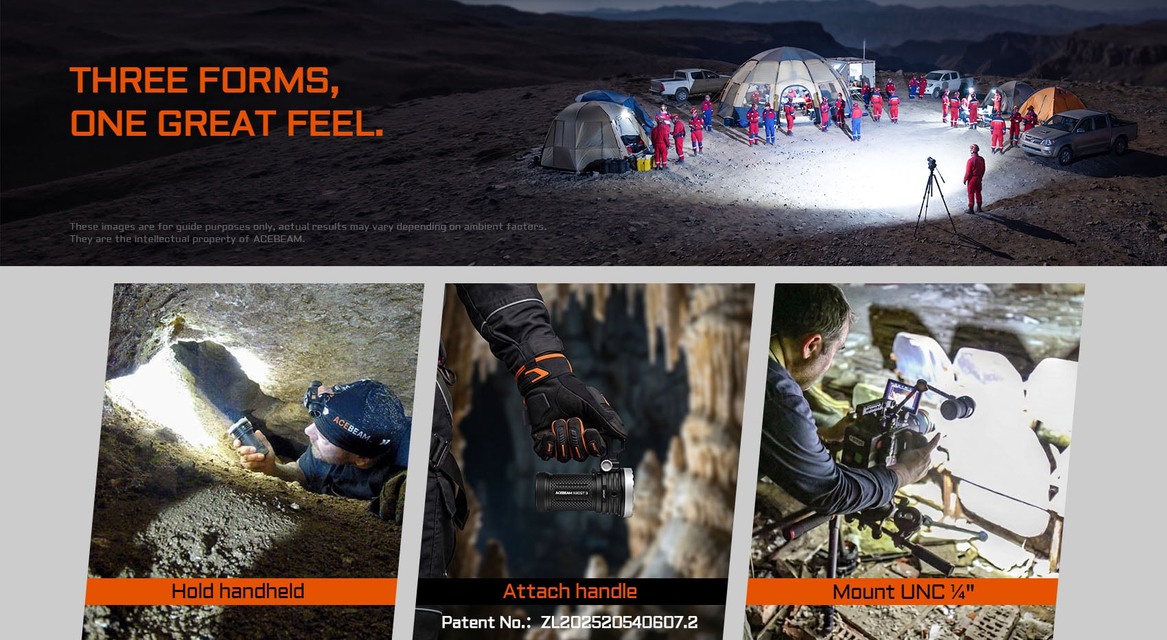 Three usage forms of Acebeam X80GT 3: handheld, attach handle, and UNC 1/4 inch tripod mount