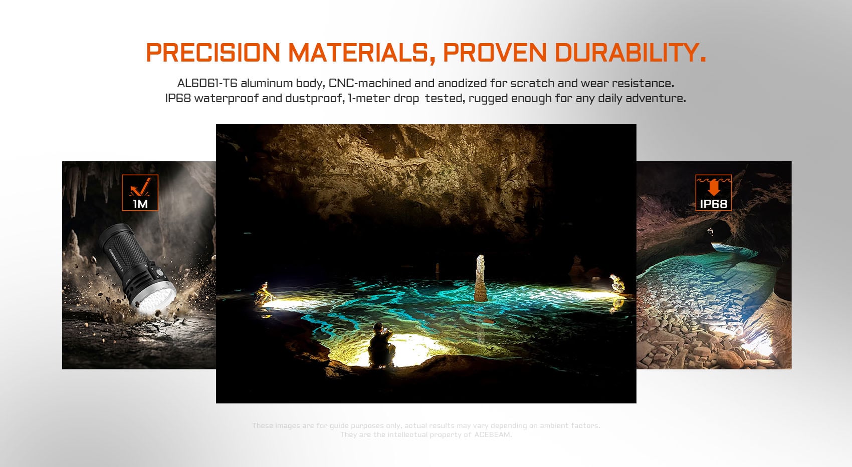 Acebeam X80GT 3 IP68 waterproof and 1-meter drop resistant durable aluminum body shown underwater