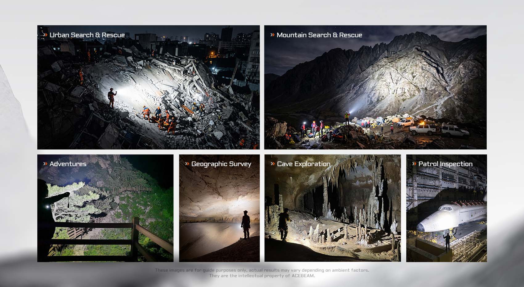 Acebeam X80GT 3 professional applications: urban search and rescue, mountain rescue, geographic survey, and patrol