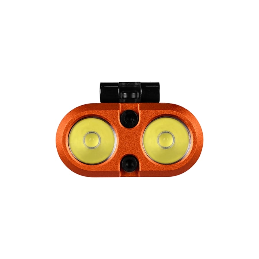 Front view of Acebeam UC3A orange EDC flashlight showing dual LED emitters