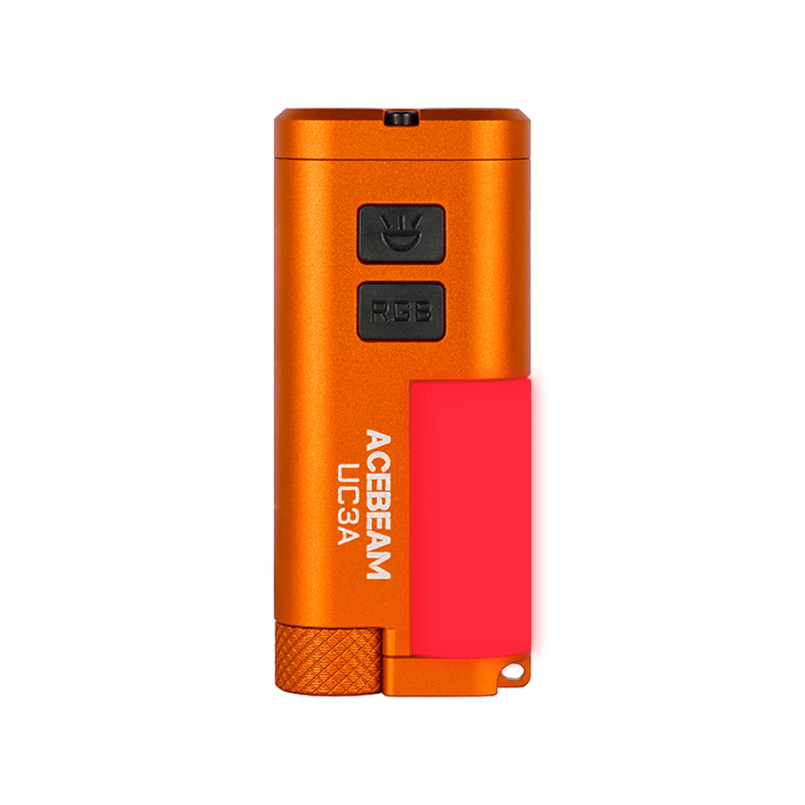 Top view of Acebeam UC3A orange multi-color flashlight highlighting control buttons