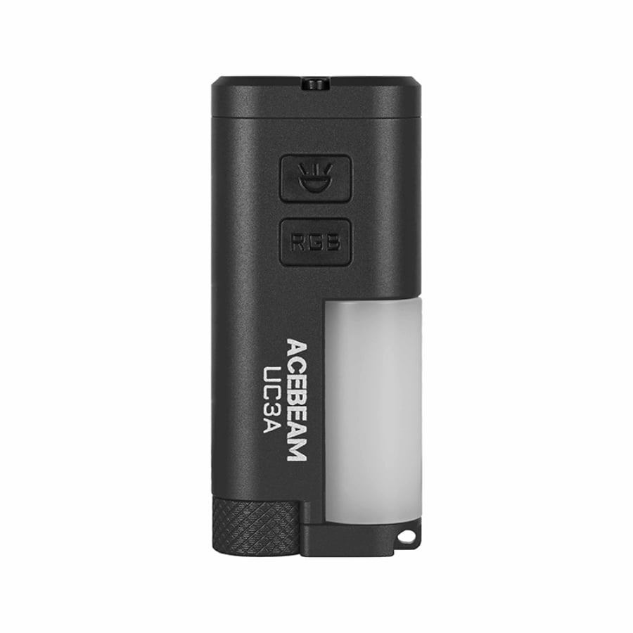 Acebeam UC3A black EDC flashlight angled view illuminating white side light