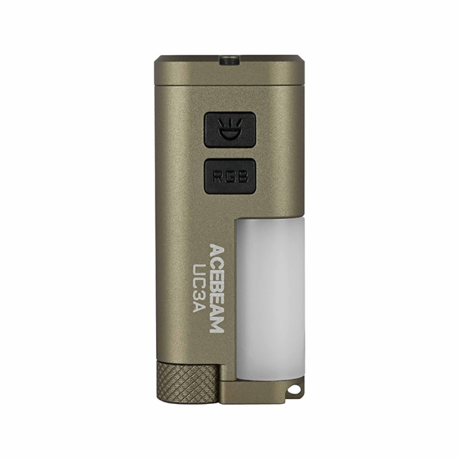 Acebeam UC3A olive green EDC flashlight angled view illuminating white side light