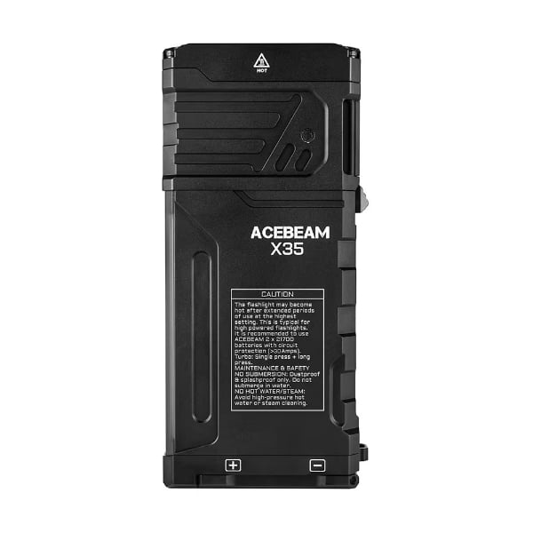 Rear view and battery specification label of Acebeam X35 flashlight