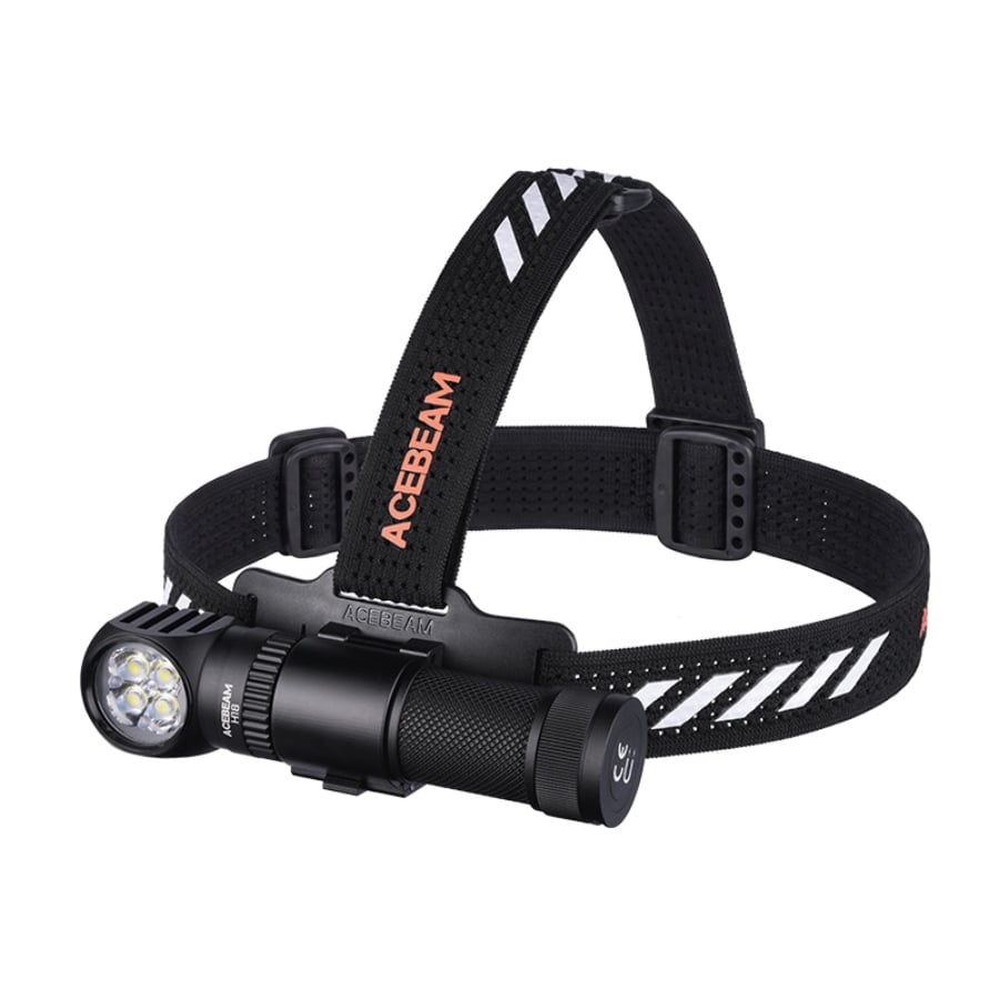 Acebeam H18 rechargeable headlamp angled view showing quad LED optical lens and quick detach bracket