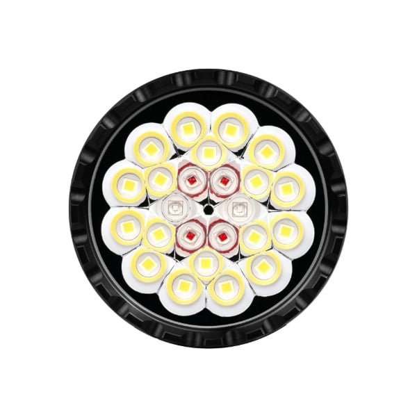Acebeam X80GT 3 multi-light-source flashlight head with 18 white LEDs, 4 red LEDs, and 2 UV LEDs