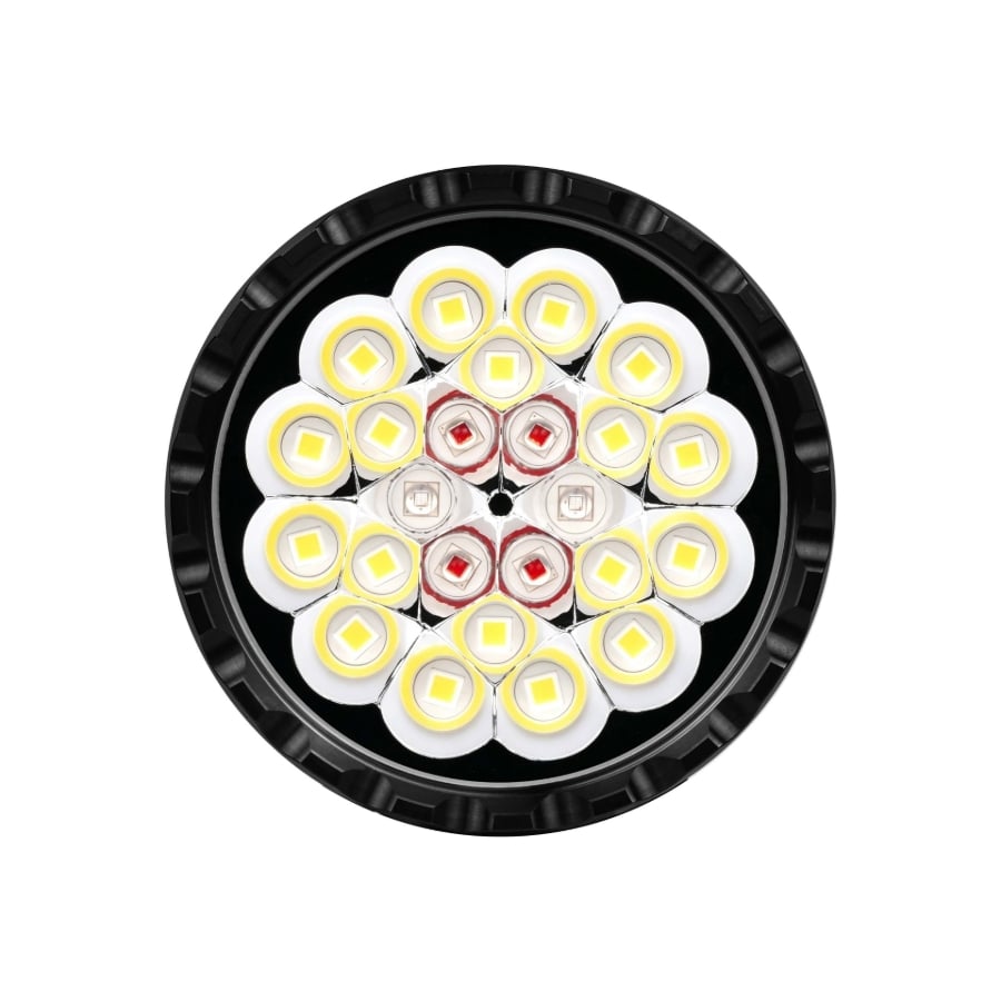 Acebeam X80GT 3 multi-light-source flashlight head with 18 white LEDs, 4 red LEDs, and 2 UV LEDs