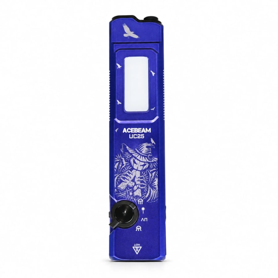 ACEBEAM UC25 SFT25R flashlight from the Night Shift Halloween set, blue body with eagle engraving
