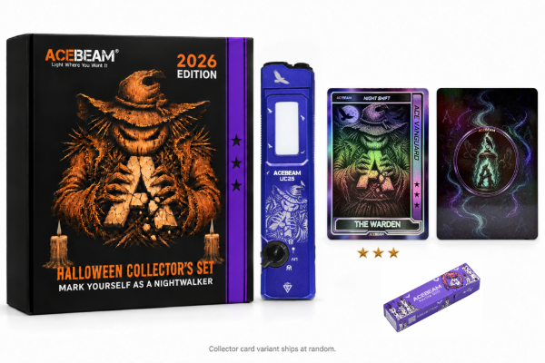 ACEBEAM Night Shift Halloween Collector's Set: UC25 SFT25R flashlight with 490 nm cyan laser, Keylite 500 and ACE Vanguard card