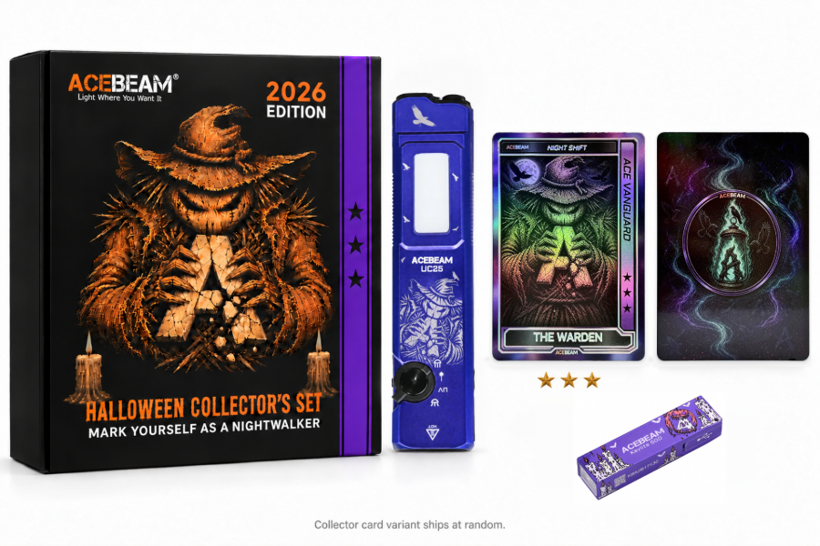ACEBEAM Night Shift Halloween Collector's Set: UC25 SFT25R flashlight with 490 nm cyan laser, Keylite 500 and ACE Vanguard card