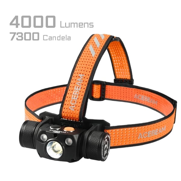 ACEBEAM H30 4000 lumens rechargeable headlamp with orange headband and 21700 battery