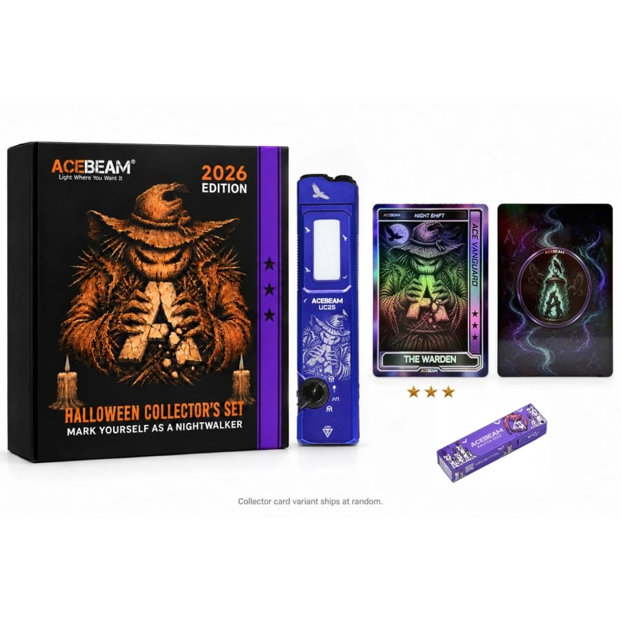 ACEBEAM Night Shift Halloween Collector's Set: UC25 SFT25R flashlight with 490 nm cyan laser, Keylite 500 and ACE Vanguard card