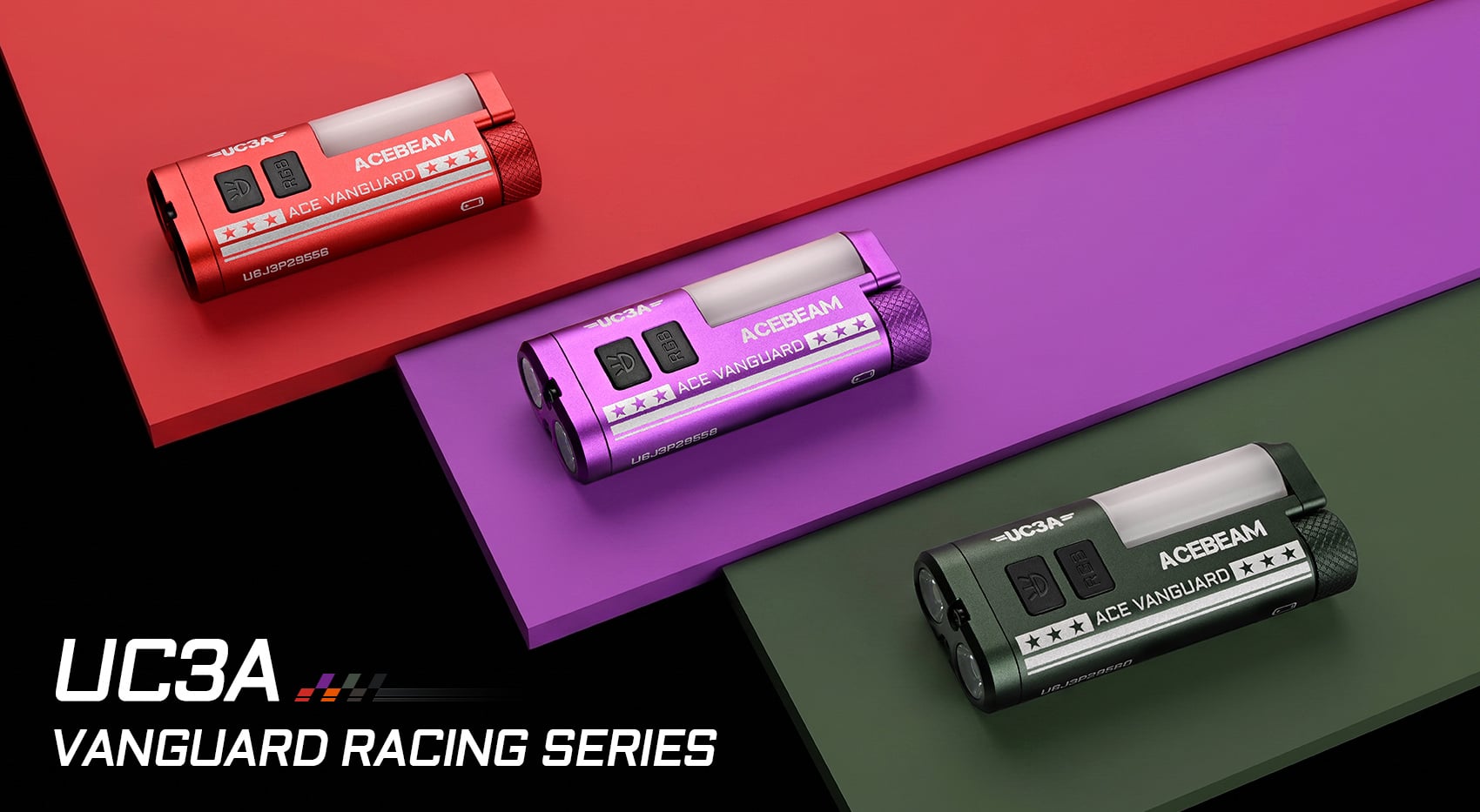 Group shot of the Acebeam UC3A Vanguard Racing AAA Flashlights featuring Vanguard Rosso (red), Apex Violet (purple), and Grid Green versions.